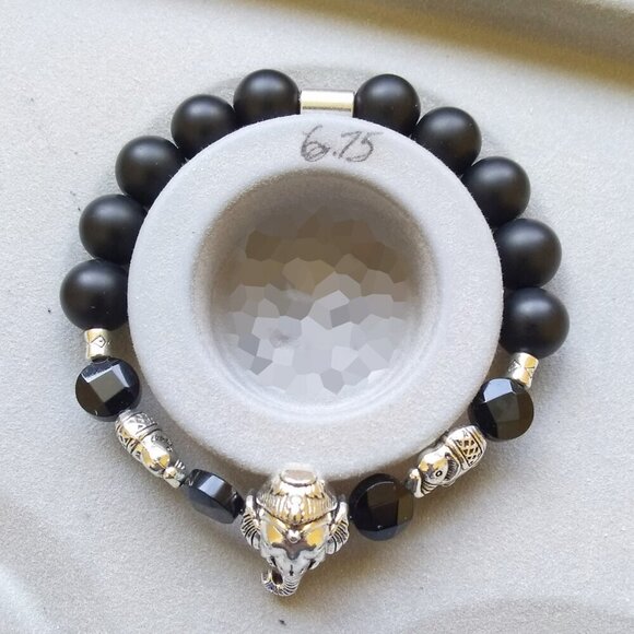 Chunky!!! Beaded Black & Silver Elephant Stretch Bracelet - Black Stone Beads - Picture 4 of 9